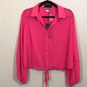 Know.one.cares NWT Fuchsia Tie Front Sheer Long Sleeve Blouse size L